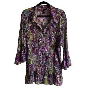 Lane Bryant Paisley Button-Front Blouse Size 26/28 3/4 Sleeve Purple Green Fairy